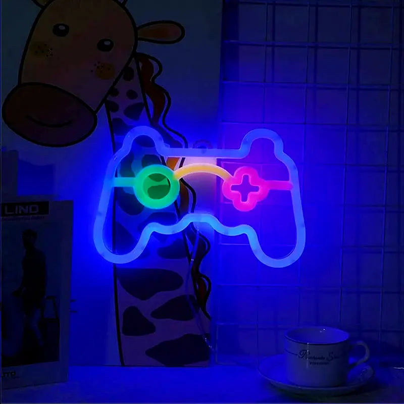 Letrero Neon de Game Pad con LED, Luz Nocturna USB/Batería, Iluminación Ambiental para Cumpleaños, Sala de Estar, Jardín, Sala de E-sports, Decoración