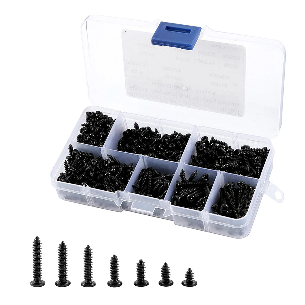 Kit de 500 Tornillos M3 de Acero Carbono - Tornillos Autoperforantes Negras con Cabeza Pan (6/8/10/12/16/18/20mm)