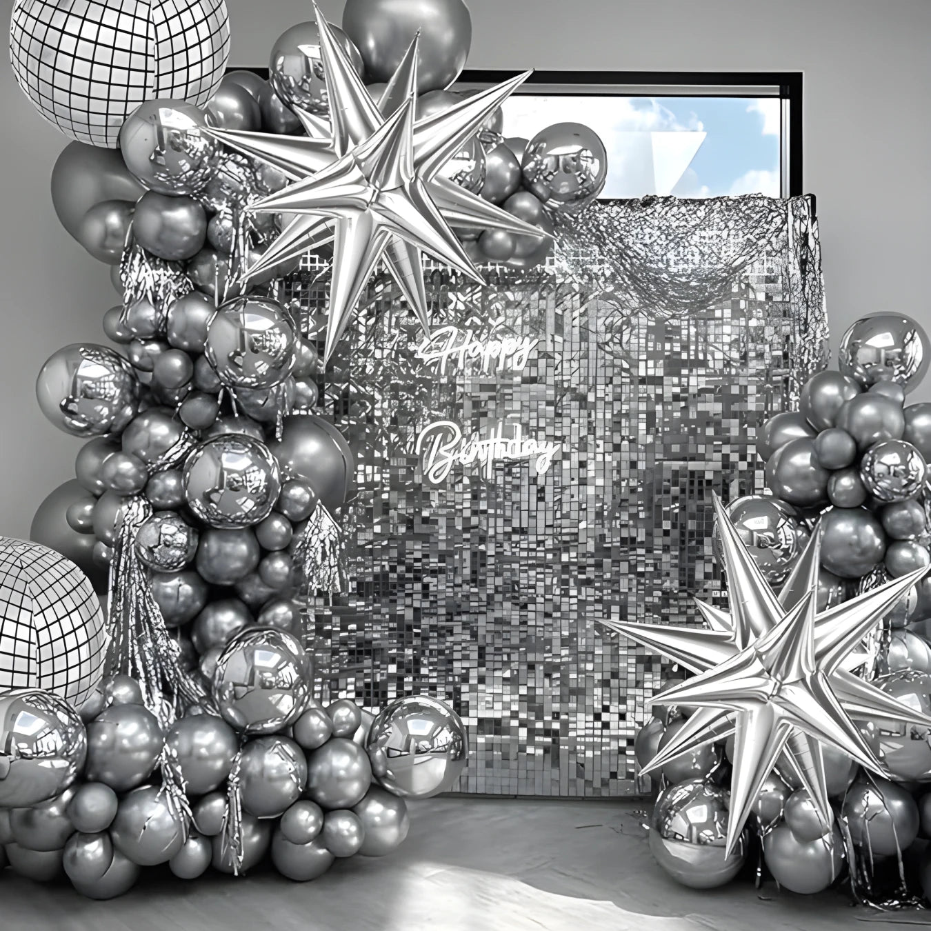 Juego de Anillos de Flores Arqueadas de Globo Plateado de Discoteca - Decoración con Fondo de Borla Metálica para Fiestas de Cumpleaños 2024