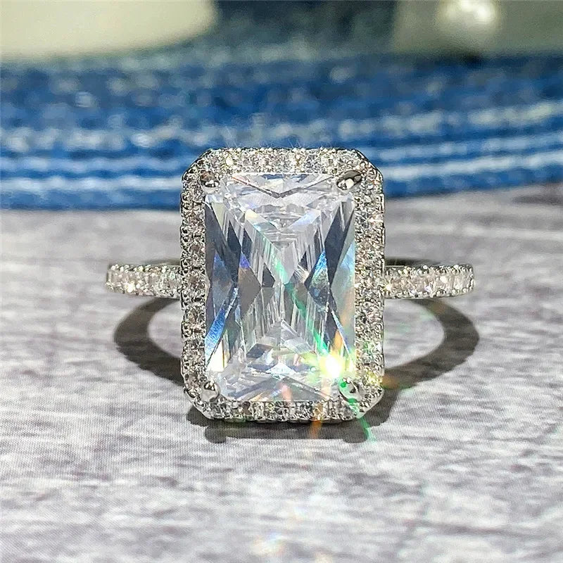 Anillos cuadrados clásicos de Color plateado para mujer, joyería de boda con moissanita brillante, anillo femenino de circón cúbico