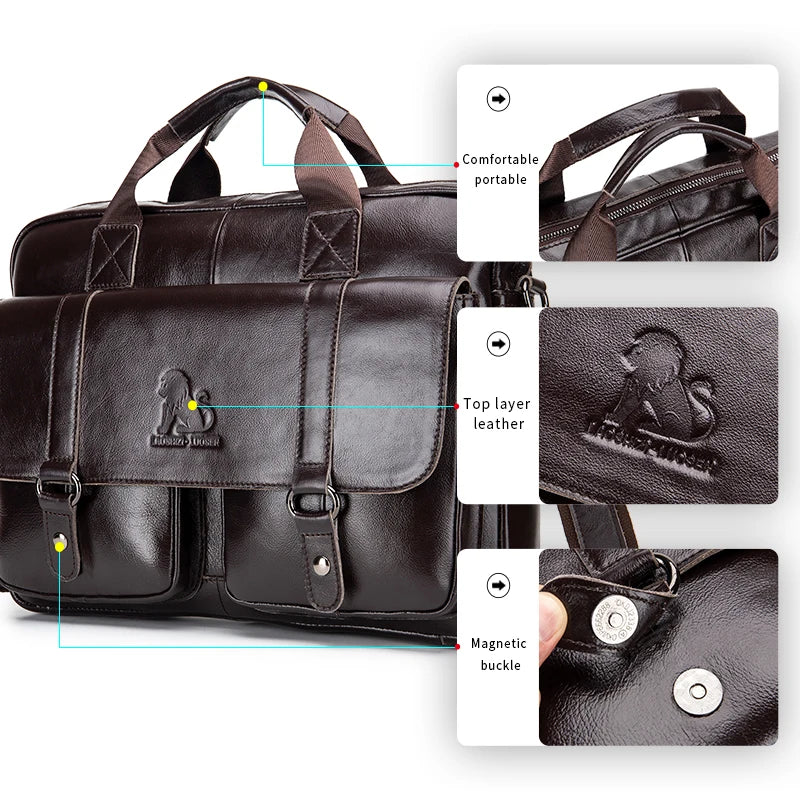 Maletín de Cuero Genuino para Hombre con Doble Bolsillo Frontal – Maletín de Gran Capacidad para Computadora y Bolsa de Mano Cruzada