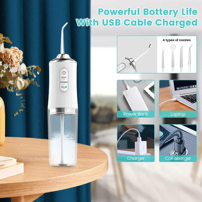 Irrigador Oral Portátil con Chorro de Agua, Recargable por USB, 4 Puntas de Chorro, 220ml, 3 Modos de Limpieza, IPX7, 1400rpm