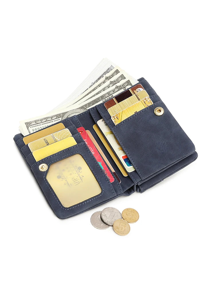 Vintage small double folding zipper with wrist strap short wallet, PU leather portable multi card wallet, with ID window