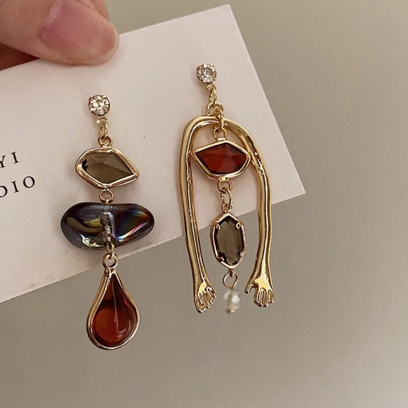 Pendientes de Gota Abstractos de Arte Retro Francés para Mujer - Diseño Asimétrico y Estilo Coreano