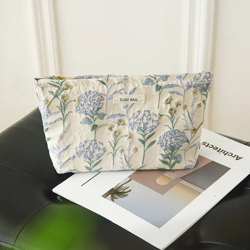 Bolsa de Maquillaje para Mujer - Diseño Floral Azul - Gran Capacidad y Versatilidad
