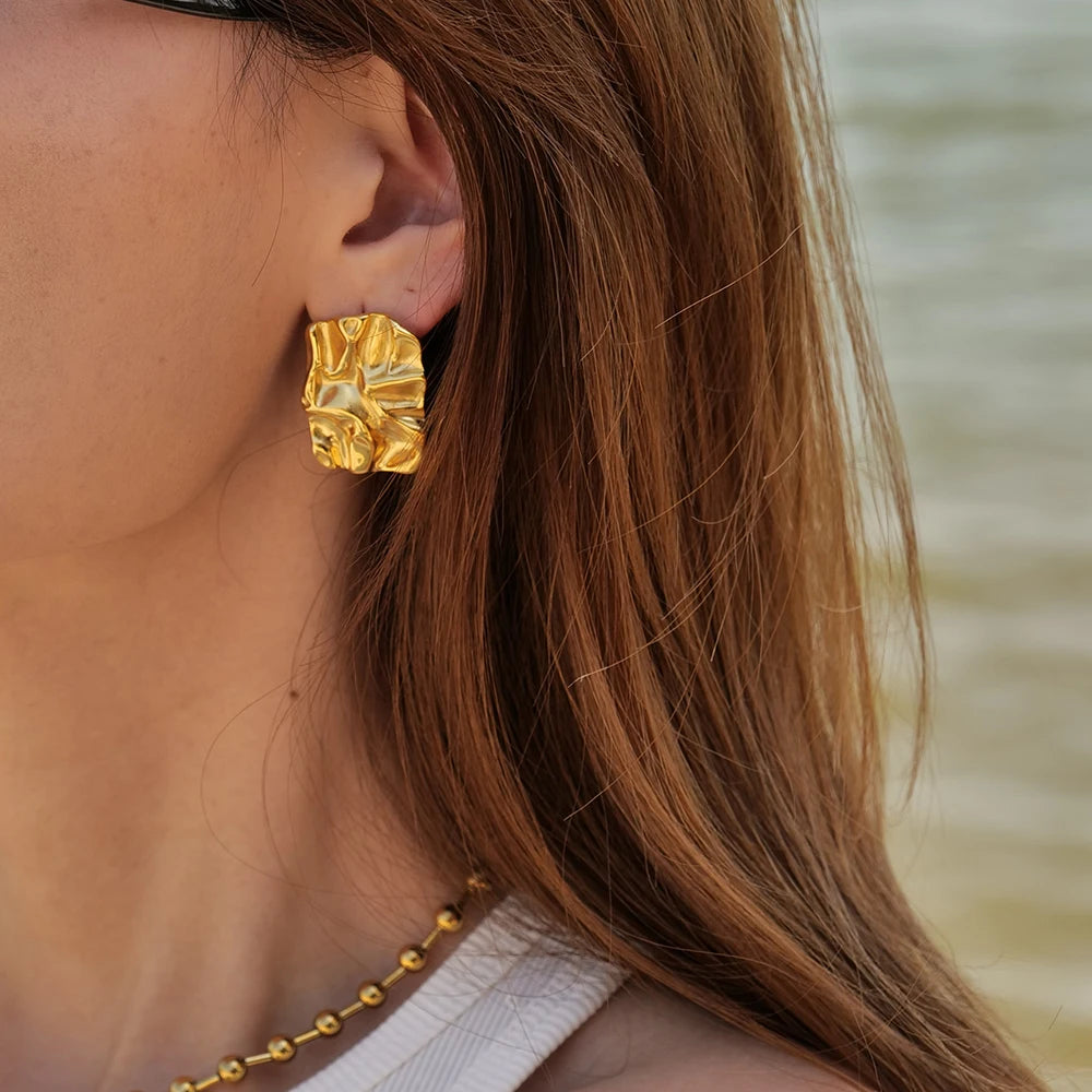 Uworld-Pendientes de Tuerca Grandes para Mujer, Acero Inoxidable Resistente al Agua, Joyería Cuadrada con Textura, Chapada en Oro de 18 Quilates, Regalos de Fiesta