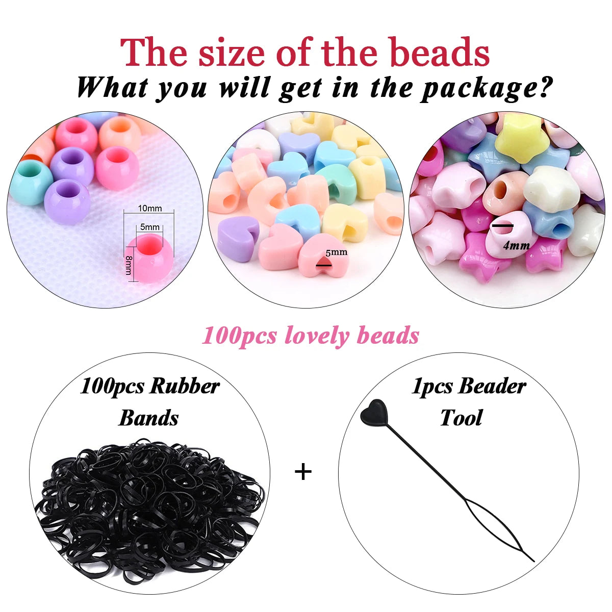 Juegos de cuentas acrílicas para el cabello para niños, 201 piezas, cuentas de rastas multicolor, 100 bandas de goma y 1 herramienta para trenzar el cabello