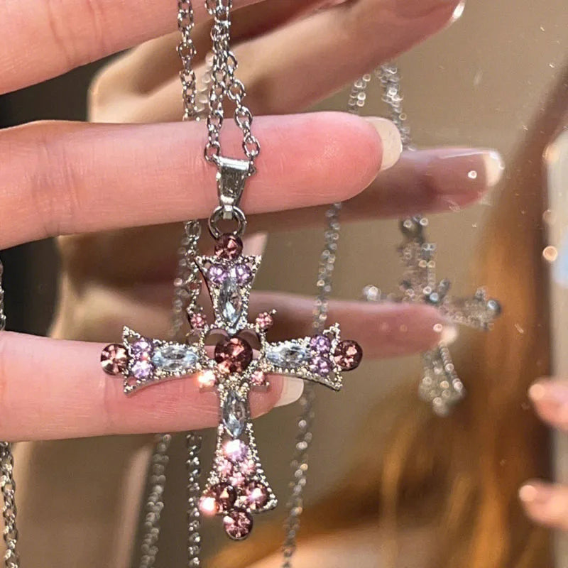 Collar Gótico de Cruz Rosa con Zirconia Púrpura - Necklace Y2K Punk de Corazón para Mujeres | Accesorios de Joyería Grunge