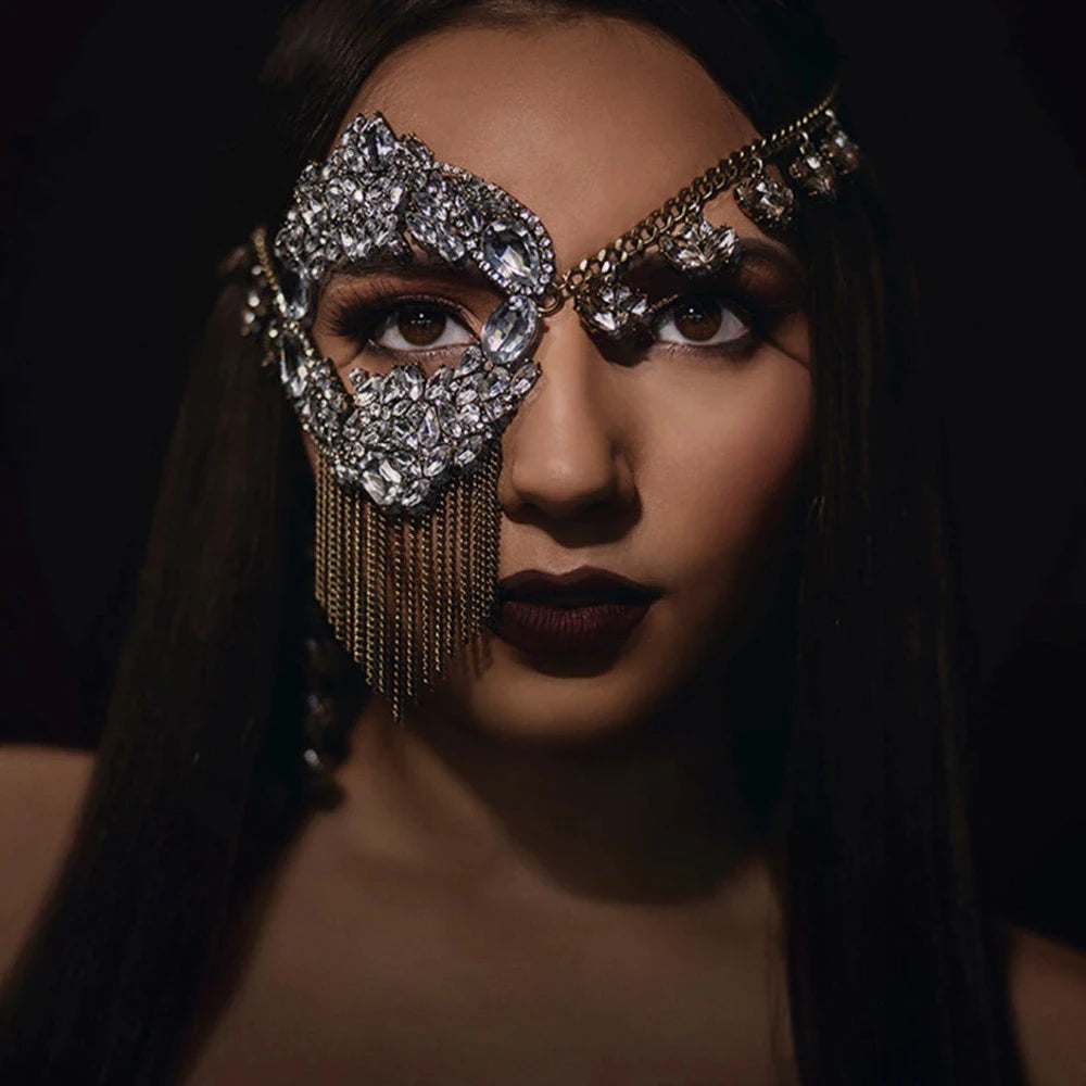 Máscara de Cristal de Lujo para Mujer, Cadena de Joyería para Cara, Borla, Fiesta de Graduación, Máscara de Diamantes de Imitación Sexy, Mascarada, Baile de Moda, Cosplay