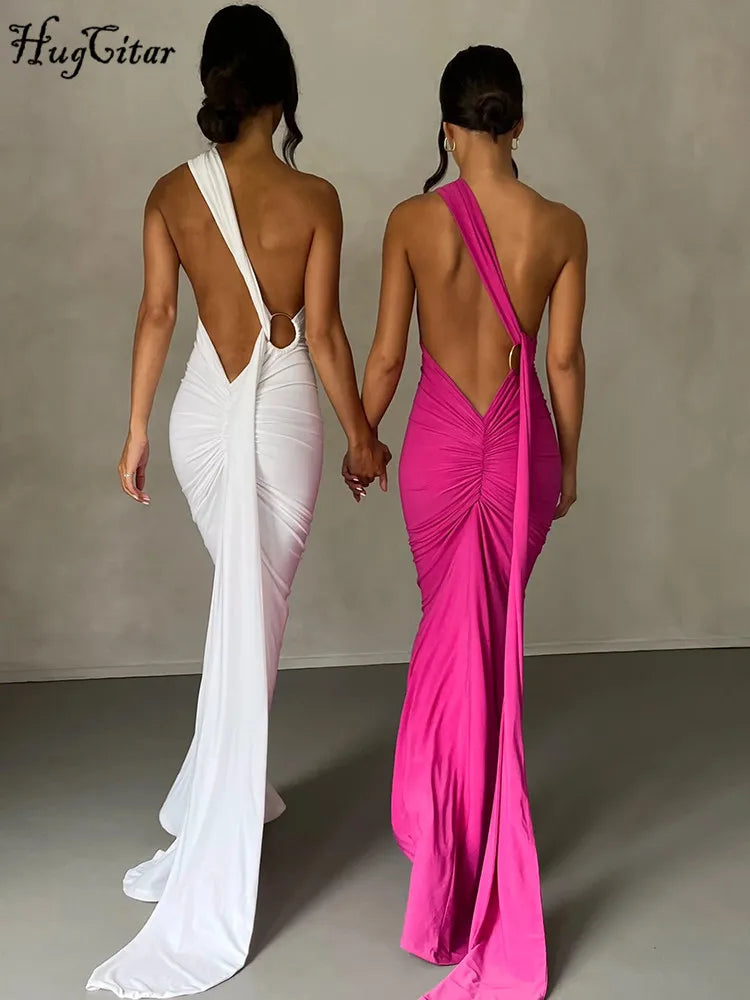 Vestido Maxi de Un Hombro y Espalda Descubierta – Ajustable con Bufanda y Detalle Ruchado – Elegante y Sexy, Moda