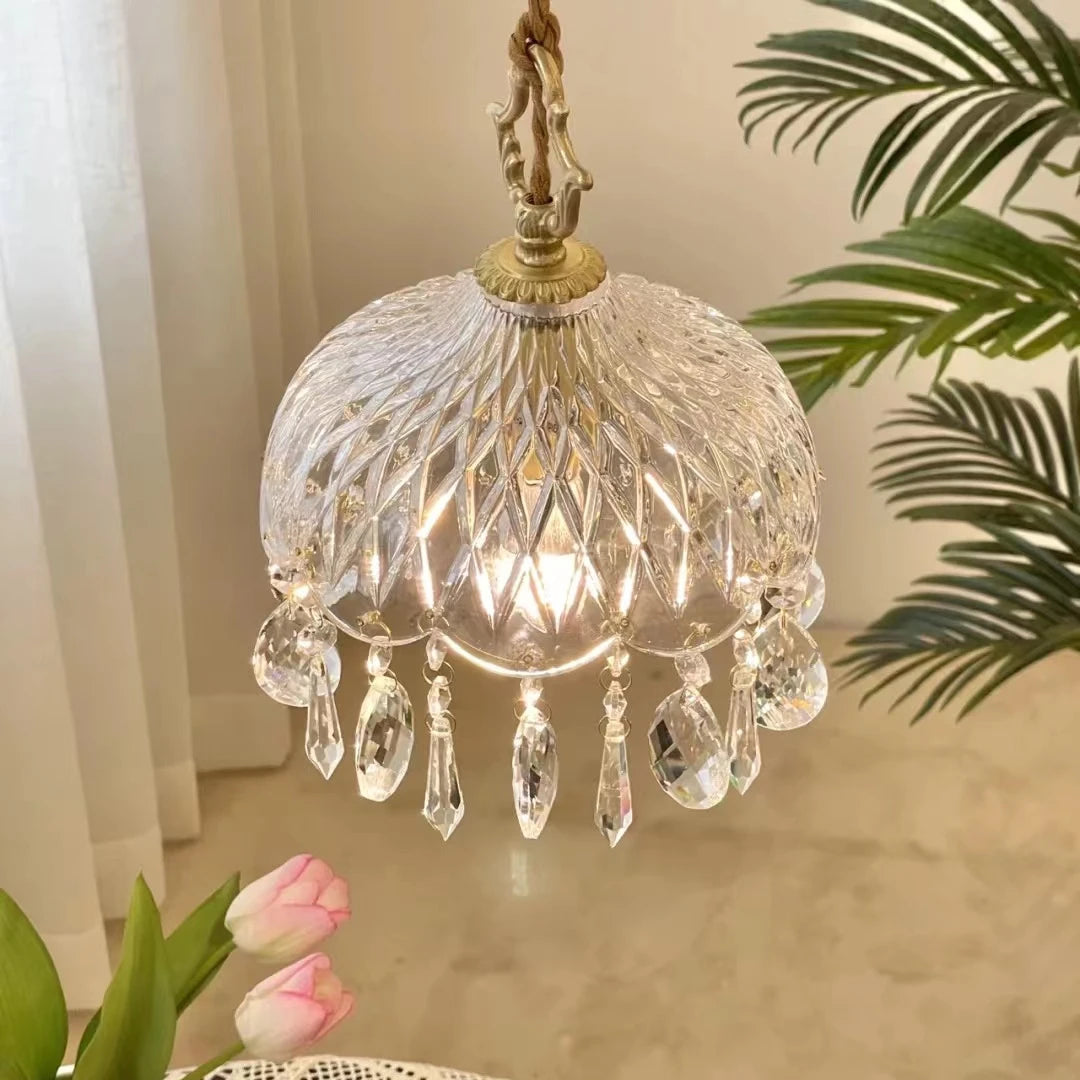 Lámpara Colgante de Cristal Retro Francés LED de Lujo – Chandeliers de Vidrio para Dormitorio, Bar y Restaurante con Bombilla E14