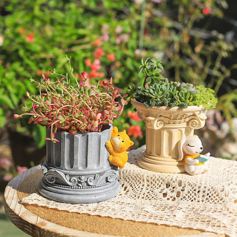 Pilar romano con columnas griegas, maceta de dibujos animados para plantas suculentas, decoración de mesa y jardín