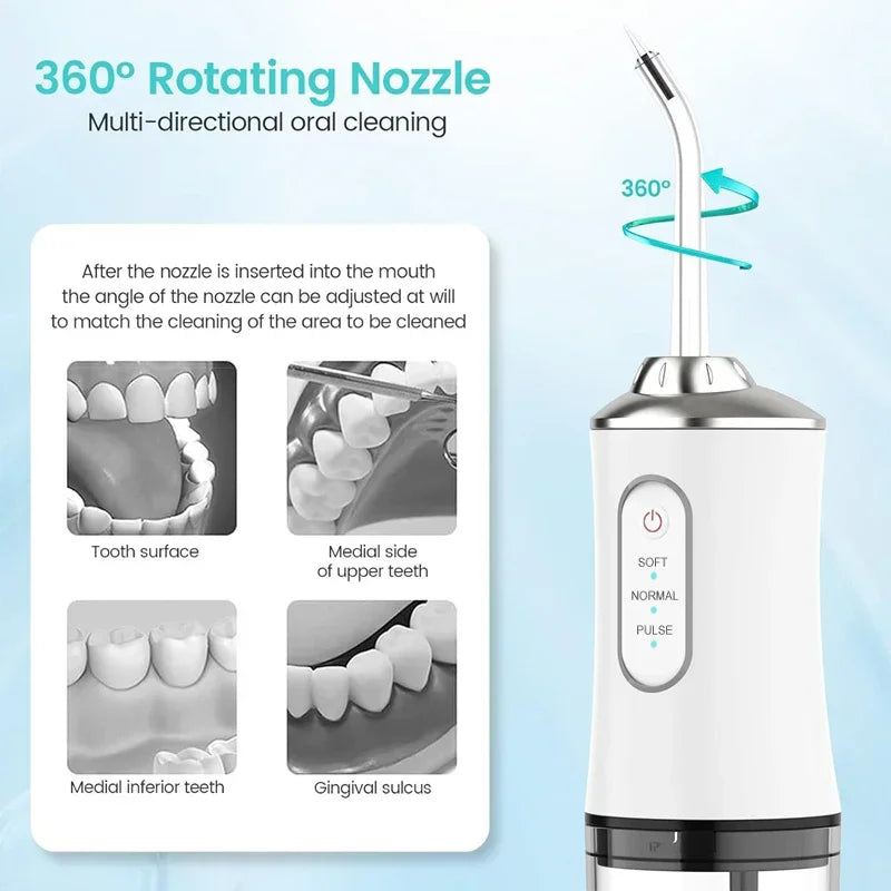 Irrigador Oral Portátil con Chorro de Agua, Recargable por USB, 4 Puntas de Chorro, 220ml, 3 Modos de Limpieza, IPX7, 1400rpm