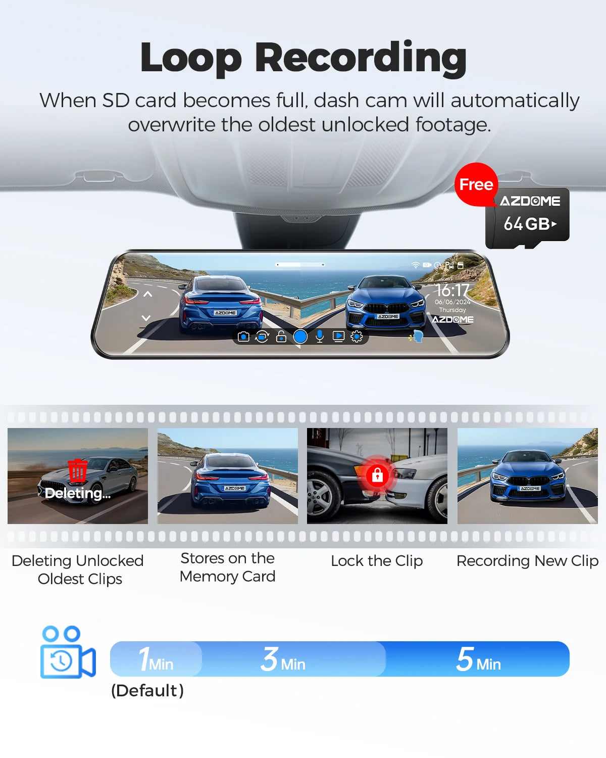 AZDOME PG17 12" WiFi Mirror Dash Cam - Cámara Dual 4K delantera y 1080P trasera