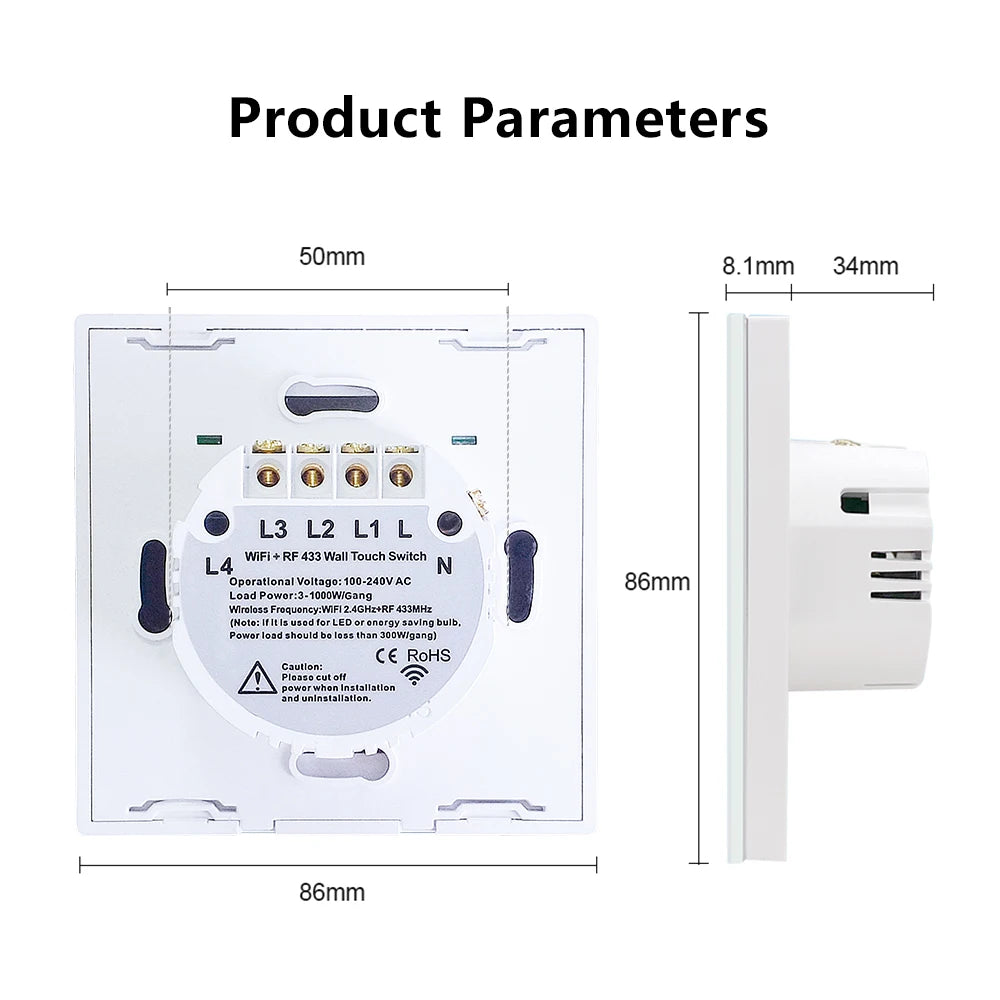 Interruptor de Luz Inteligente Táctil Wifi Tuya US/EU, Interruptores de Luz LED Inalámbricos con Control Remoto, No Requiere Cable Neutro, 1-4 Gang, Compatible con Alexa y Google Home