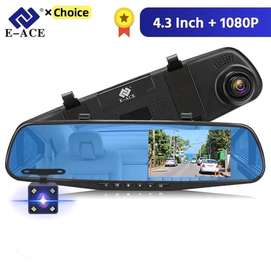 E-ACE Dashcam - Cámara DVR Espejo Retrovisor FHD 1080P con Doble Lente