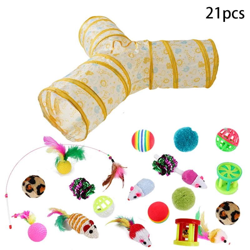 Sonajero para Gatos y Túnel de Papel Arrugado, Juguetes para Gatos Pequeños, Túnel Plegable de Poliester y Algodón, Tienda y Juguetes para Gatos, 21 Piezas