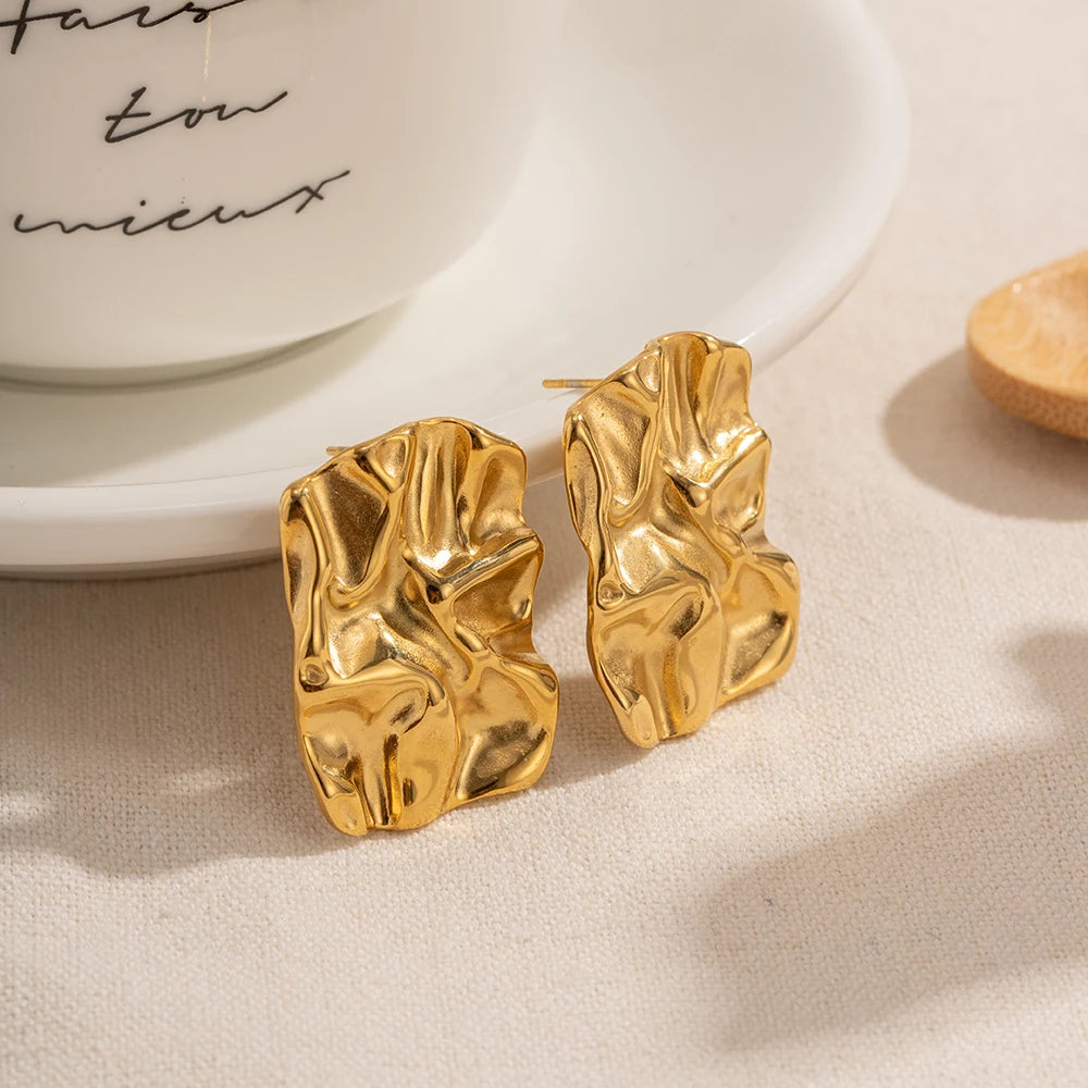 Uworld-Pendientes de Tuerca Grandes para Mujer, Acero Inoxidable Resistente al Agua, Joyería Cuadrada con Textura, Chapada en Oro de 18 Quilates, Regalos de Fiesta