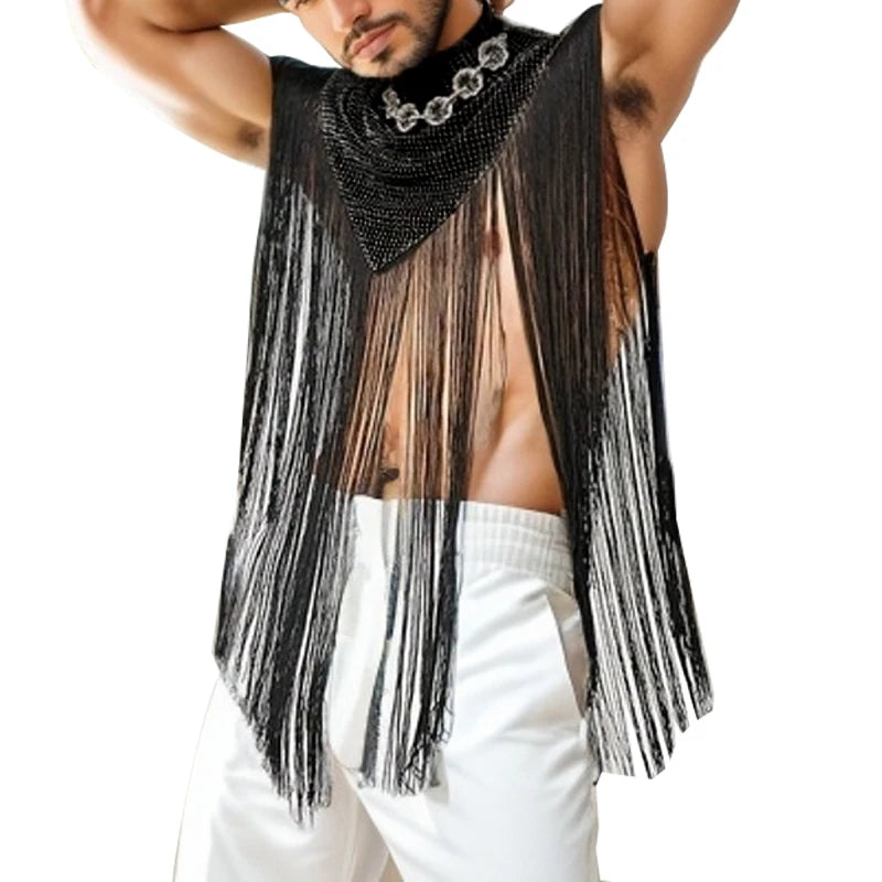 Camisetas sin Mangas Irregulares para Hombre, Chalecos de Moda con Cuello Alto de Retazos y Borlas, Ropa de Calle Sexy y Ponchos de Capa