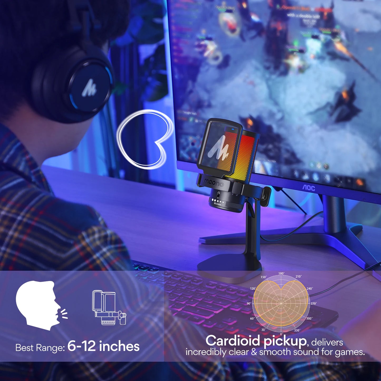 Maono DGM20 Micrófono Gaming USB | Micrófono Condensador RGB con Software de Reducción de Ruido, Control de Ganancia y Silencio de Un Clic