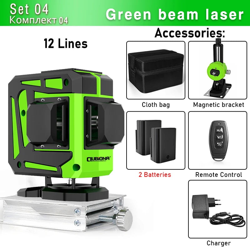 Clubiona Nivel Láser 16/12 Líneas Verde Autonivelante 360° Horizontal y Vertical, Rayo Verde Súper Potente, Herramienta de Nivelación con Modo de Pulso