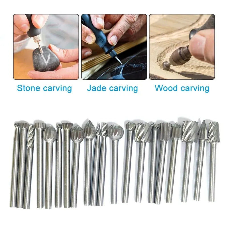 Juego de 20 Piezas de Fresas de Alta Velocidad para Trabajo en Madera: Archivos Rotativos de 3 mm para Tallado y Rectificado DIY