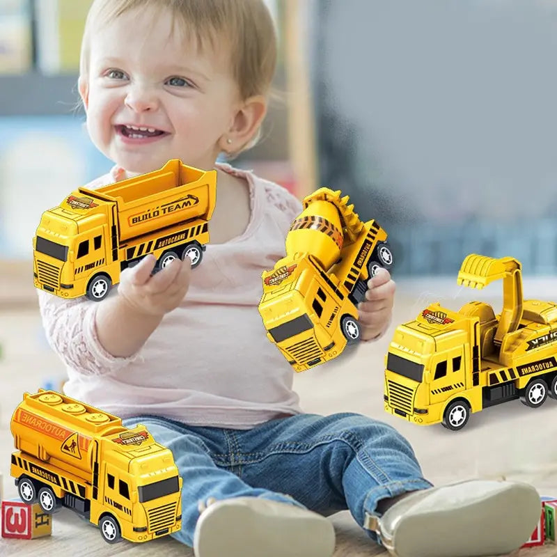 Set de 4 Coches Educativos para Niños, Vehículos de Ingeniería Miniatura, Juguetes de Acción Pull Back, Regalo para Niños