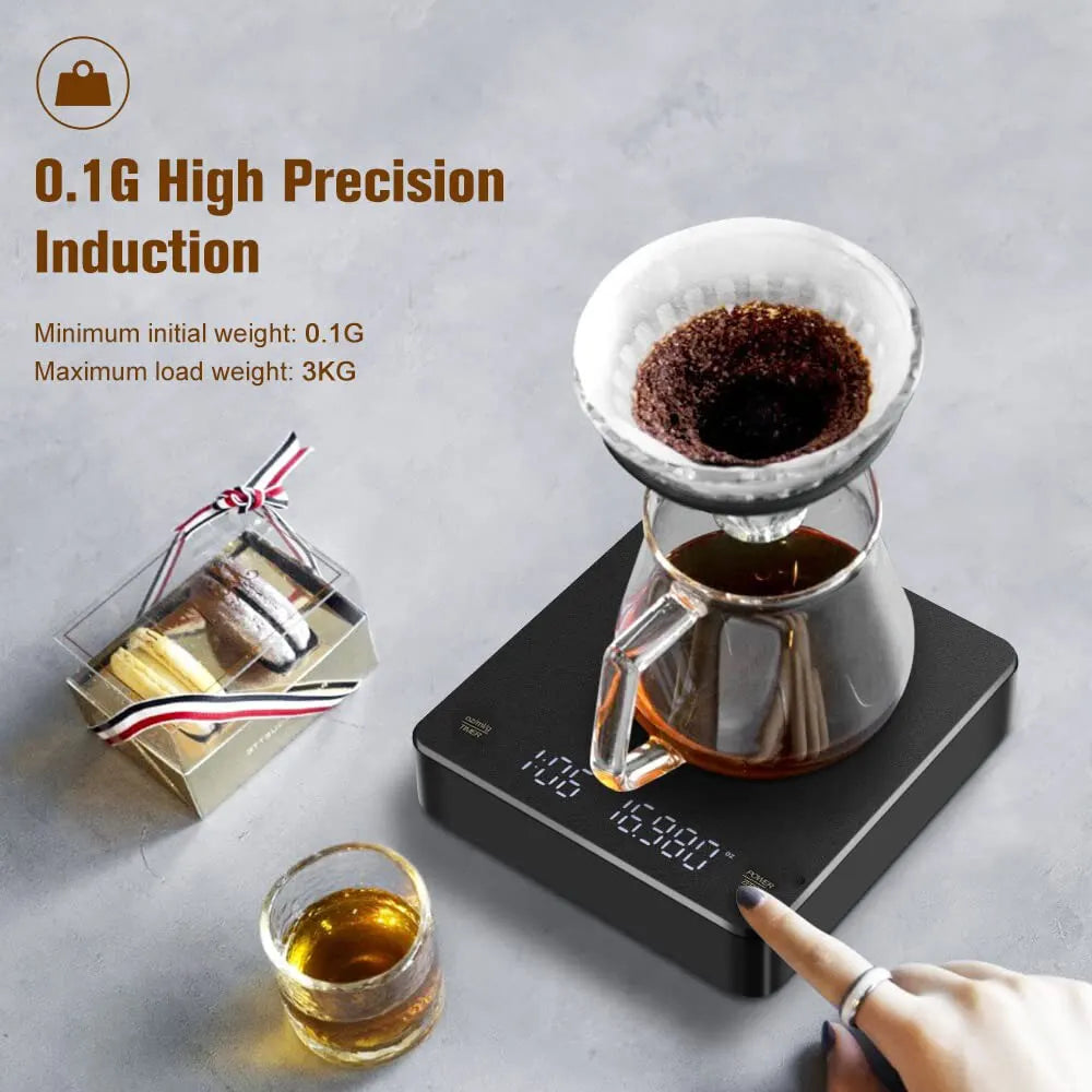 Balanza Digital para Café con Temporizador y Pantalla LED - Pesaje Preciso para Espresso, Recargable por USB, Máximo de 3 kg, Precisión de 0.1g - Ideal para Cocina y Bar