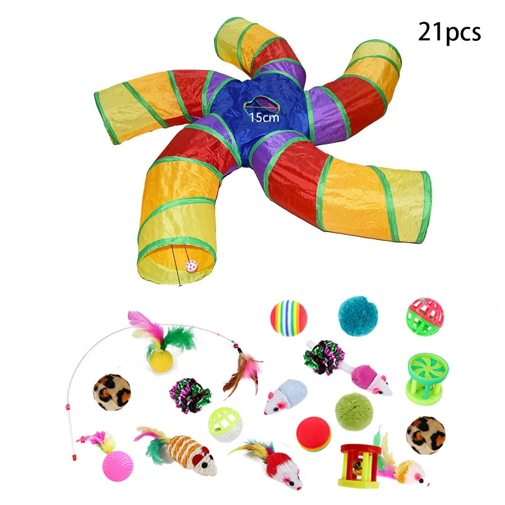 Sonajero para Gatos y Túnel de Papel Arrugado, Juguetes para Gatos Pequeños, Túnel Plegable de Poliester y Algodón, Tienda y Juguetes para Gatos, 21 Piezas