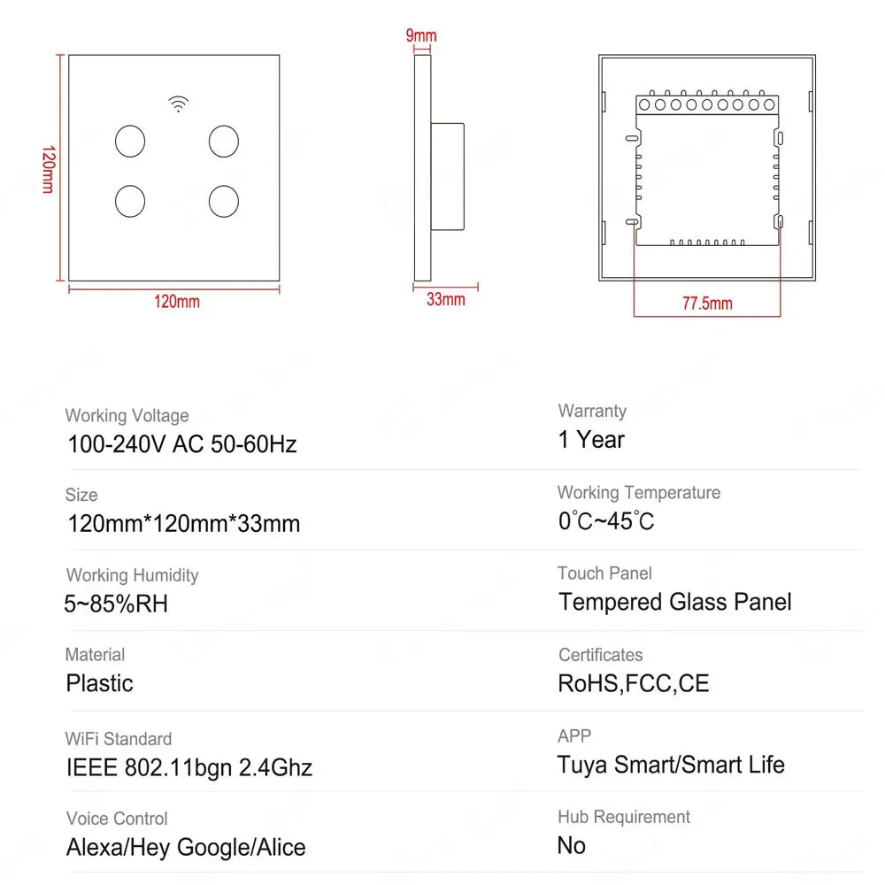 Interruptor Táctil Inteligente Wifi Tuya para Luces en Brasil, 4*4 sin Cable Neutro, 4/6 Gang, Control Remoto RF433, Smart Life, Compatible con Alexa y Google Home