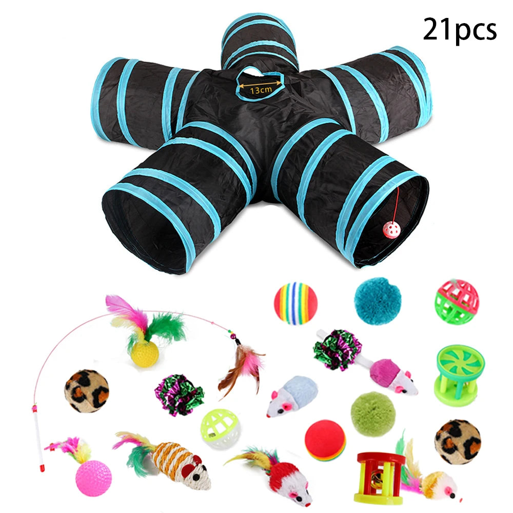 Sonajero para Gatos y Túnel de Papel Arrugado, Juguetes para Gatos Pequeños, Túnel Plegable de Poliester y Algodón, Tienda y Juguetes para Gatos, 21 Piezas