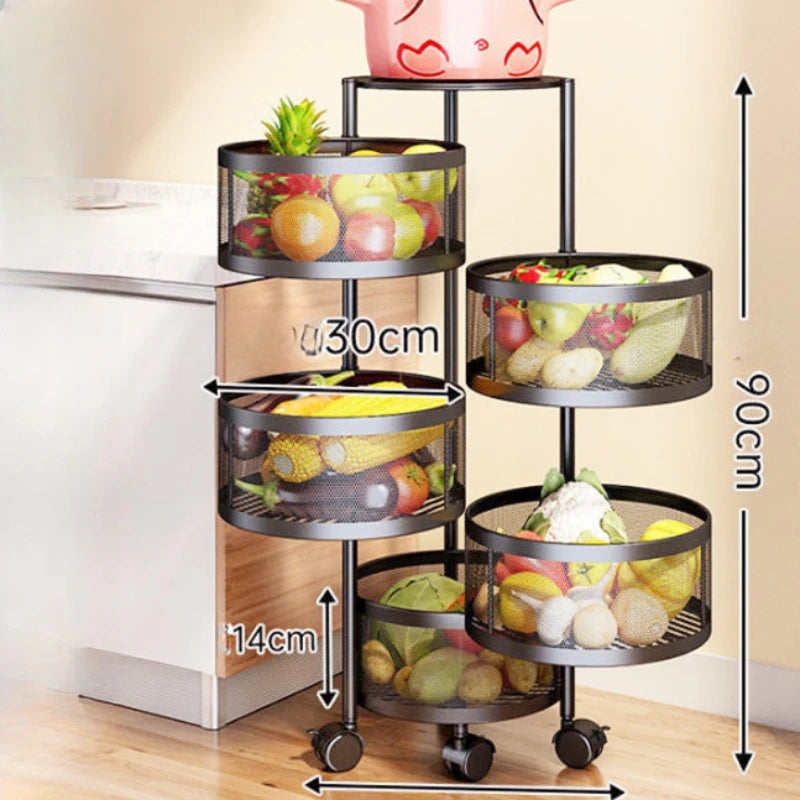 Estante Giratorio Multiusos para Verduras y Frutas en la Cocina: Organizador de Almacenamiento de Multi-Capas para Suelo con Canastas Giratorias