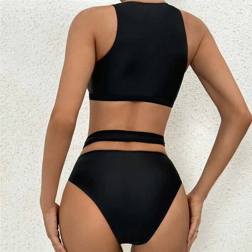 Conjunto de Bikini Negro de Cintura Alta 2024 - Traje de Baño para Mujeres con Banda Cruzada, Detalles de Malla y Diseño Hueco
