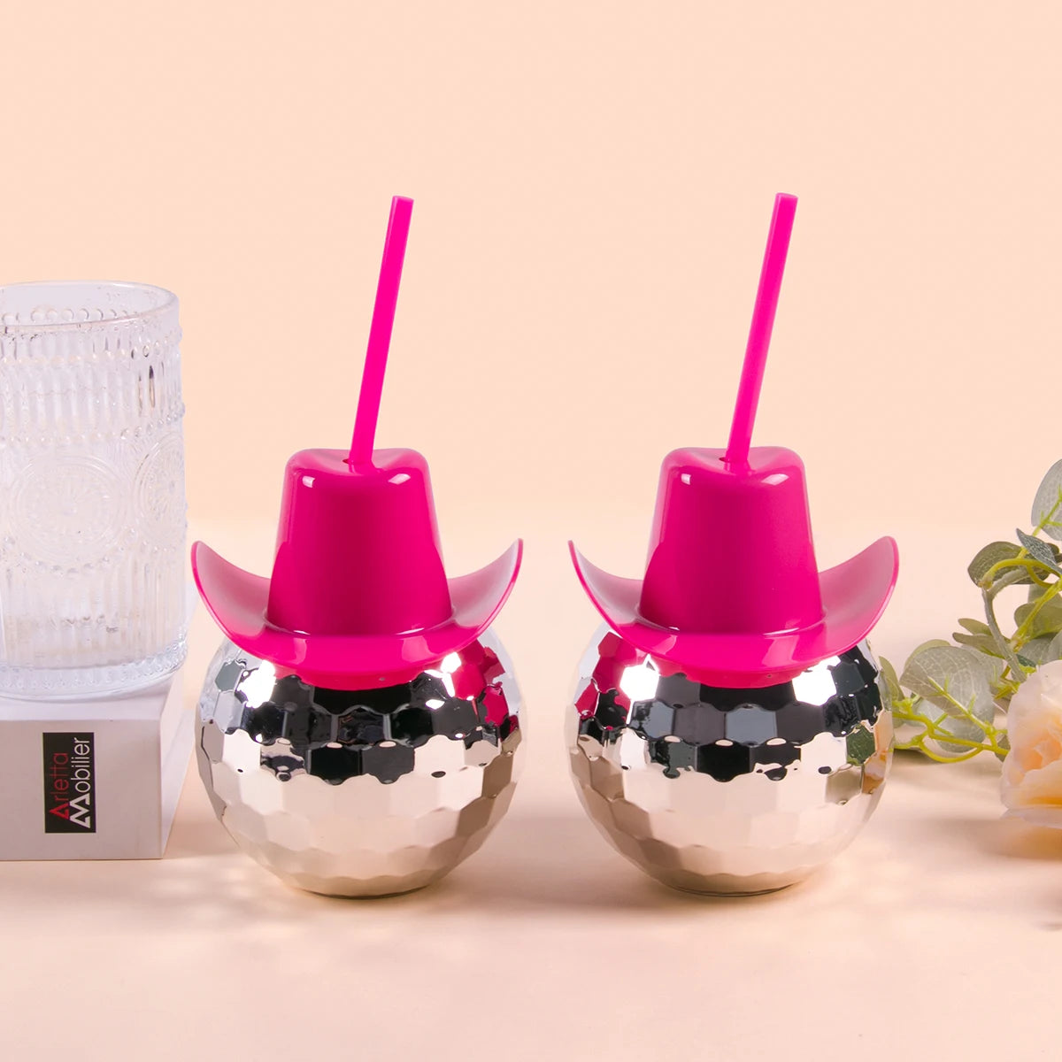 Vasos de Esfera Disco con Sombrero Vaquero - Taza de Fiesta con Pajillas para Despedida de Soltera, Fiestas