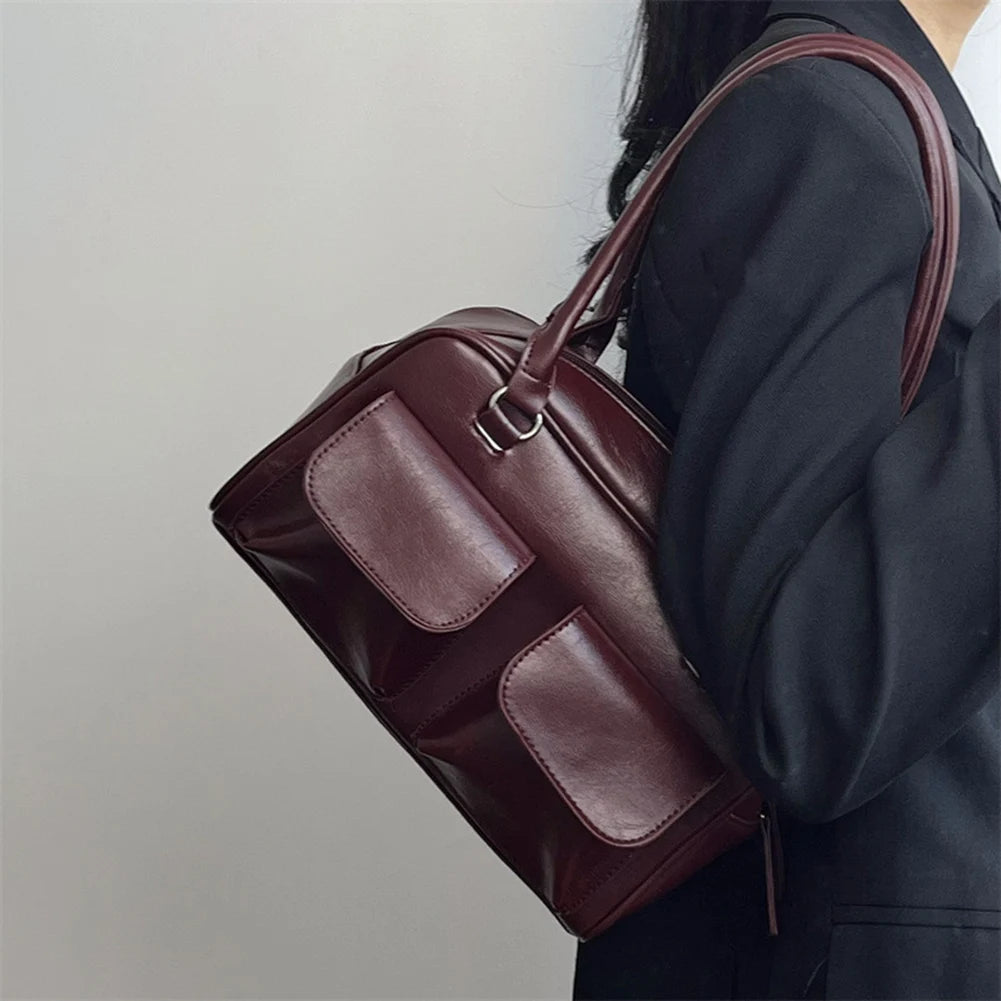 Bolso Hobo Retro para mujer, bolsa de compras de cuero PU, bolso de axila de diseño sólido, bolso de mano informal con doble bolsillo
