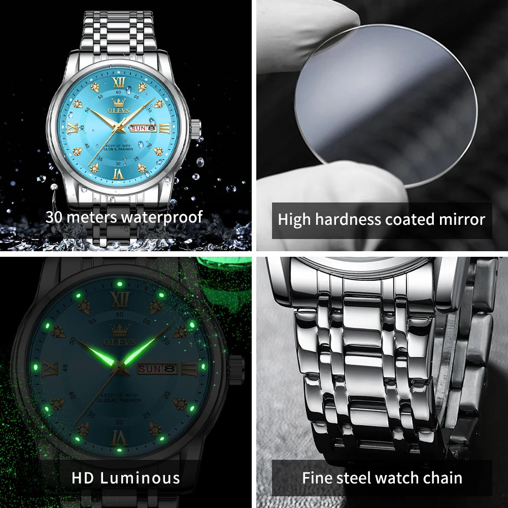 OLEVS - Reloj de Pulsera de Cuarzo para Hombre, Cronógrafo Clásico de Negocios, Doble Calendario, Resistente al Agua