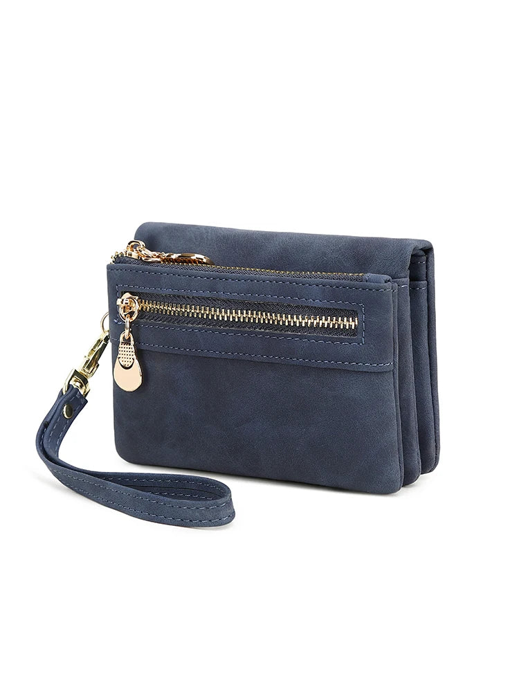 Vintage small double folding zipper with wrist strap short wallet, PU leather portable multi card wallet, with ID window