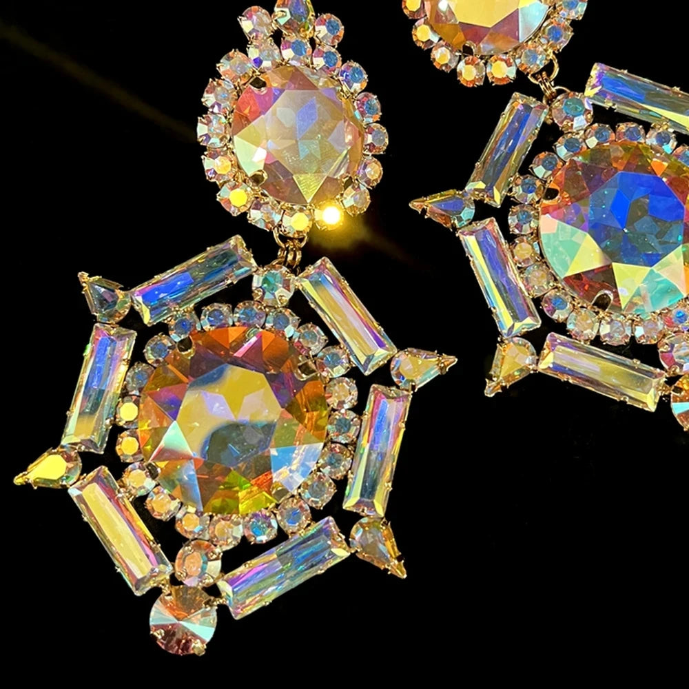 Pendientes de Clip de Oreja de Diamantes de Imitación AB para Mujer, Accesorios Geométricos de Gran Tamaño, Pendientes de Cristal, Regalo de Joyería de Fiesta