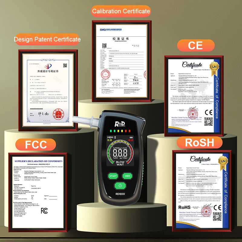 R&D RD900 Alcohol Tester Rechargeable Digital Breath Tester Breathalyzer Gas Alcohol Detector for Personal & Professional Use