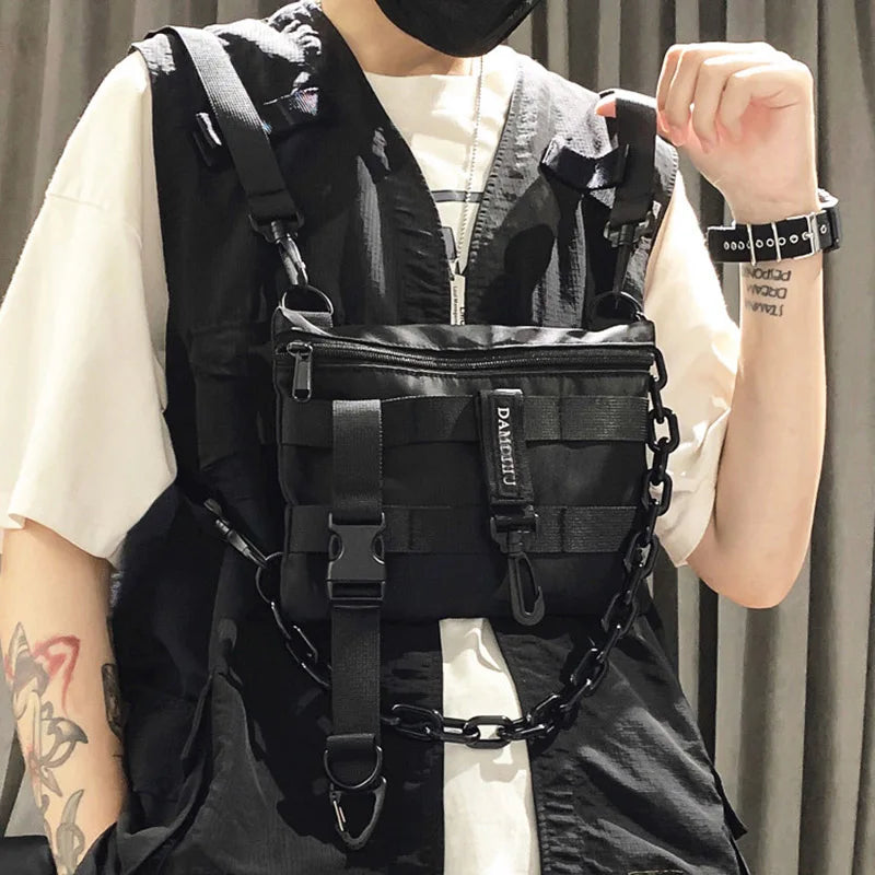 Bolsa de Pecho Táctica Funcional Unisex – Riñonera Streetwear Hip Hop, Chaleco Tactical Rig Bag Negro