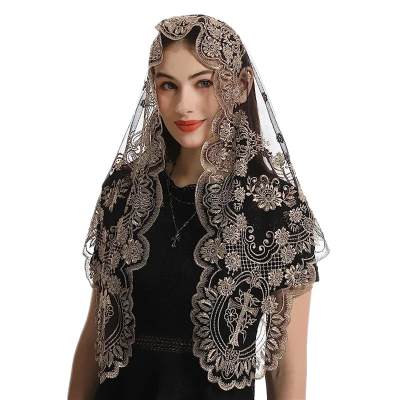 Velo de Iglesia Católica con Bordado de Cruz para Mujer, Cubierta de Cabeza Nupcial, Mantón de Encaje Triangular de Estilo Español