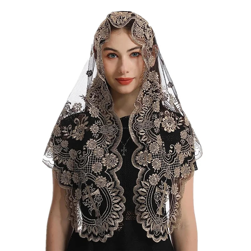 Velo de Iglesia Católica con Bordado de Cruz para Mujer, Cubierta de Cabeza Nupcial, Mantón de Encaje Triangular de Estilo Español