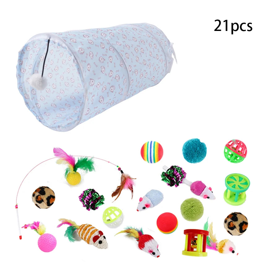 Sonajero para Gatos y Túnel de Papel Arrugado, Juguetes para Gatos Pequeños, Túnel Plegable de Poliester y Algodón, Tienda y Juguetes para Gatos, 21 Piezas