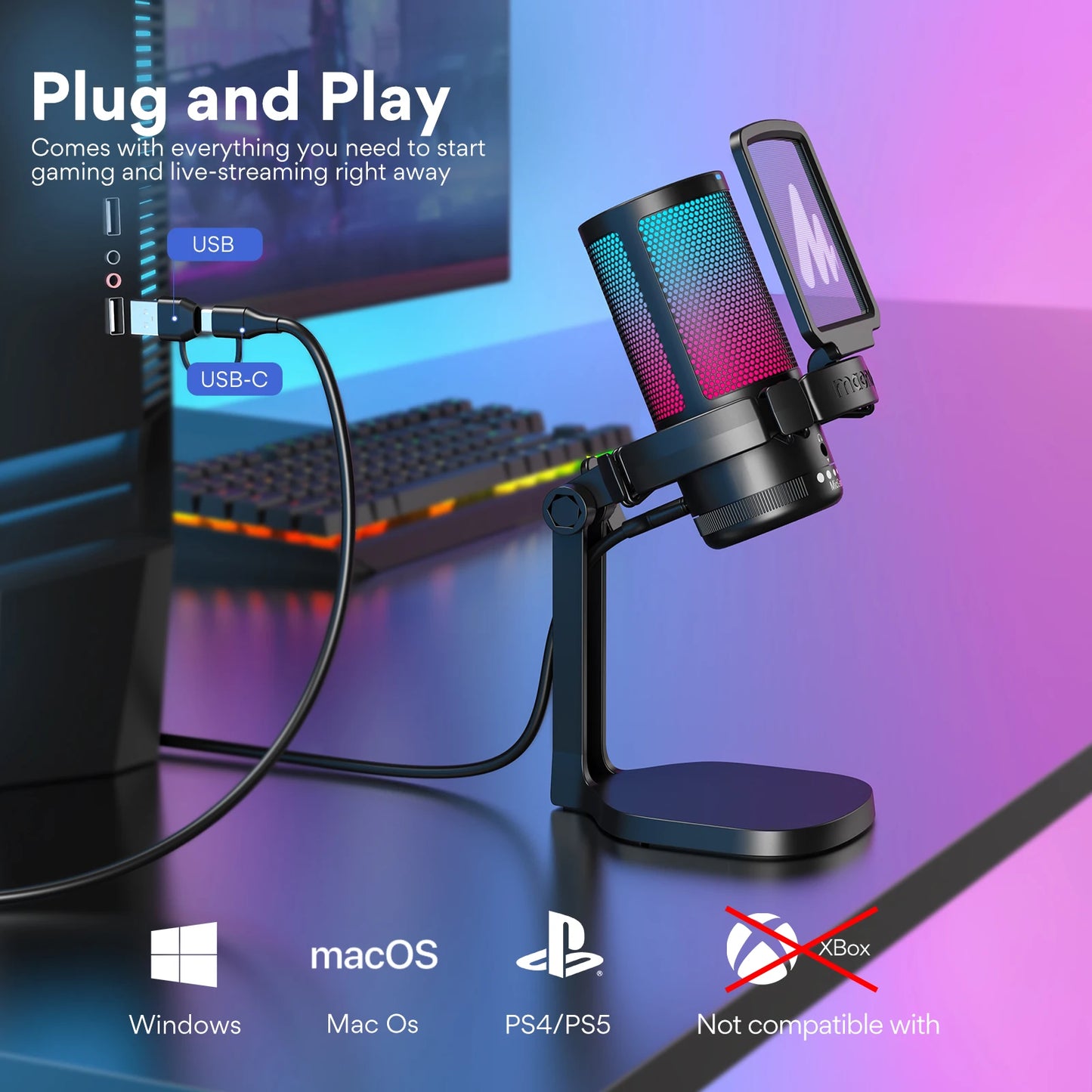 Maono DGM20 Micrófono Gaming USB | Micrófono Condensador RGB con Software de Reducción de Ruido, Control de Ganancia y Silencio de Un Clic