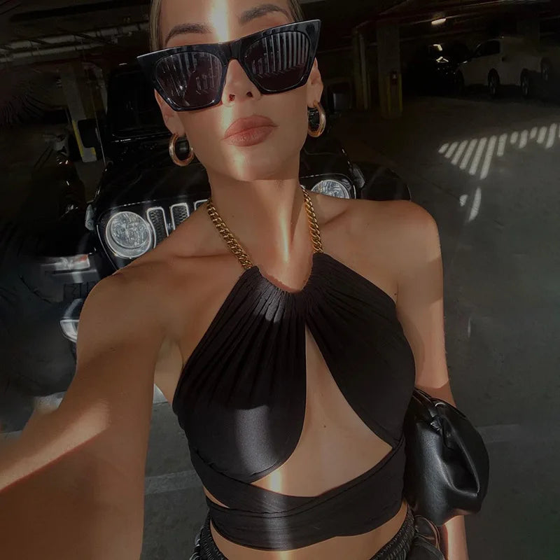 Camiseta Sin Mangas para Mujer: Top de Verano Halter con Pliegues y Cuello en V