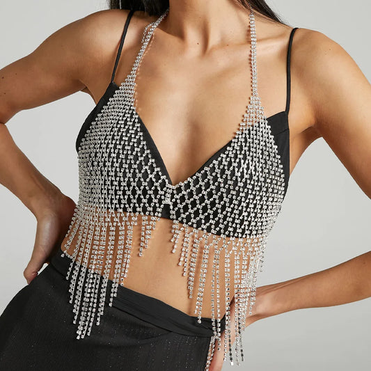 Collar de Cadena de Pecho con Borlas de Malla para Mujer, Lencería Sexy y Traje de Festival de Cristal de Lujo, Bikini y Sujetadores 2023