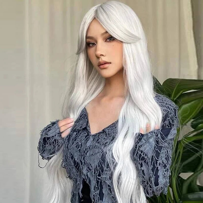 Pelucas sintéticas rizadas largas con flequillo para mujer, gris ceniza, platino, Afro, onda profunda, Cosplay, Lolita, cabello Natural, calor