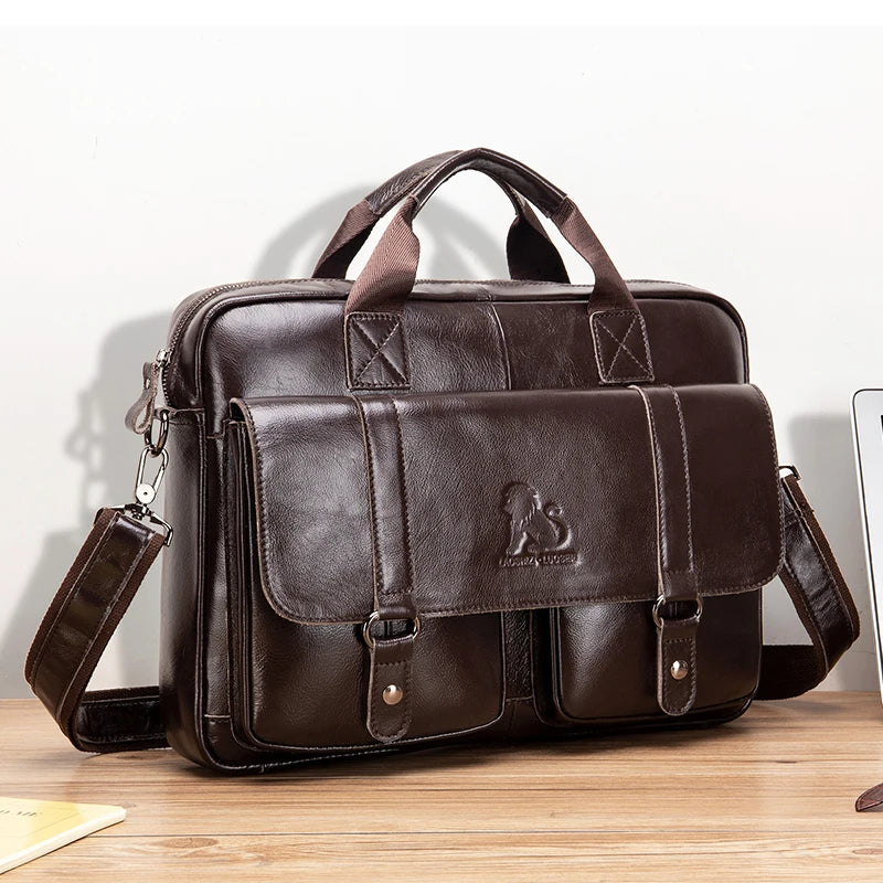 Maletín de Cuero Genuino para Hombre con Doble Bolsillo Frontal – Maletín de Gran Capacidad para Computadora y Bolsa de Mano Cruzada