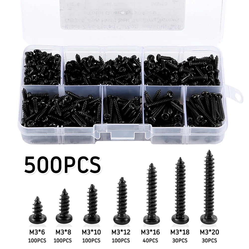 Kit de 500 Tornillos M3 de Acero Carbono - Tornillos Autoperforantes Negras con Cabeza Pan (6/8/10/12/16/18/20mm)