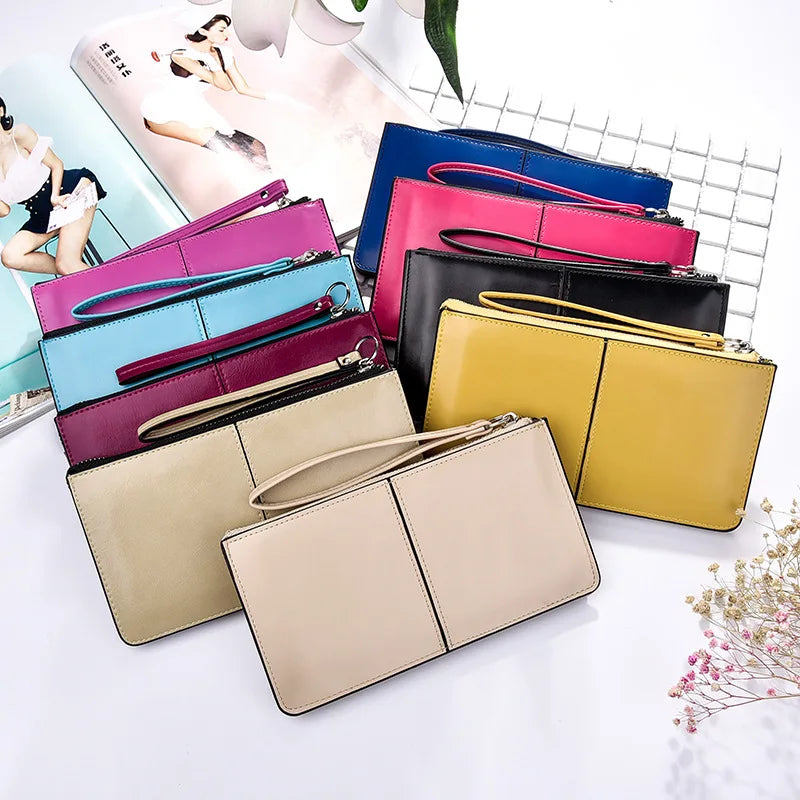 Women's Vintage Oil Wax Leather Zipper Clutch Wallet Female Large Capacity Coin Purse Ladies Wristband Simple Card Holder Wallet
